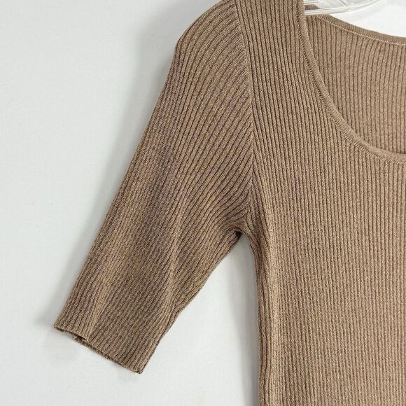 Women’s Ribbed Knit Top Shiny Metallic Stretch Scoop Neck Half Sleeve BM M - Picture 6 of 12